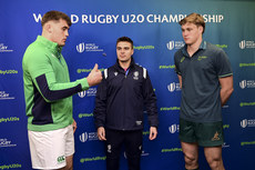 Brian Gleeson, Morné Ferreira and Toby Macpherson during the coin toss 9/7/2024