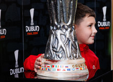 Jacob O’Toole poses for a photo with the Europa League Trophy ahead of the game 19/4/2024