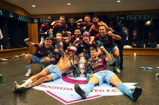 Drogheda United players celebrate in the dressing room 10/11/2024