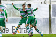 Dylan Watts celebrates scoring a goal with Daniel Madroiu and Aaron McEneff 18/10/2024