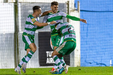 Dylan Watts celebrates scoring a goal with Daniel Madroiu and Aaron McEneff 18/10/2024