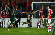 Colm Horgan celebrates Edward McCarthy scoring their first goal of the game 18/10/2024