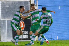 Dylan Watts celebrates scoring a goal with Daniel Madroiu and Aaron McEneff 18/10/2024