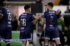 The Derry City team celebrate after Danny Mullen scored a goal 18/10/2024