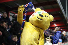 BBC Children in Need Mascot Pudsey among the Linfield  away supporters 16/11/2024