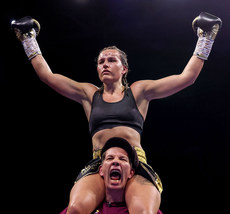 Chantelle Cameron celebrates after beating Katie Taylor by majority decision Nigel Travis 20/5/2023 