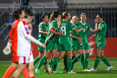 Kyra Carusa celebrates scoring their second goal with teammates 25/10/2024