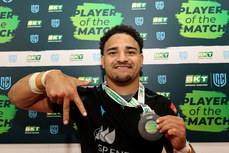 Sione Tuipulotu with the BKT United Rugby Championship Player of the Match medal 15/6/2024