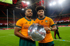 Samu Kerevi and Rob Valetini with the James Bevan Trophy 17/11/2024