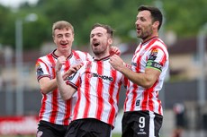 Cameron Dummigan celebrates his goal with Daniel Kelly and Patrick Hoban 28/6/2024