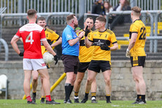 Kieran Tobin speaks to referee Ryan Walsh after he had awarded a penalty on the last minutes of the game 13/10/2024