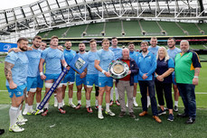 The Irish Shield is presented to Leinster’s Garry Ringrose by members of the Kevin Bell Repatriation Trust 7/6/2024