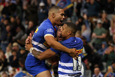 Ruhan Nel celebrates after scoring a try with Suleiman Hartzenberg and Leolin Zas 19/10/2024