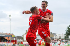 Evan Caffrey celebrates scoring his sides second goal with John Martin 28/6/2024