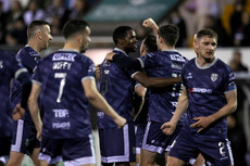 The Derry City team celebrate after Danny Mullen scored a goal 18/10/2024