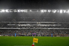 A view of both sides lining up in front of a sold out crowd at Eden Park 22/6/2024