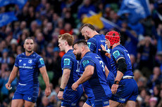 The Leinster team celebrate after Josh Van der Flier scores a try 26/10/2024