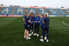 The Northern Ireland team inspect the pitch before the game 25/10/2024