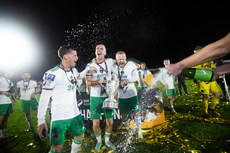 Evan McLaughlin, Charlie Lyons and Jack Doherty celebrate winning the league 18/10/2024