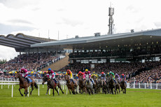 A general view of The Irish Grand National as the runners and riders round the bend after the stand 10/4/2023