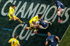 A view of Heineken Champions Cup pitch paint branding as Georges Henri Colombe is tackled by Dan Sheehan 20/5/2023