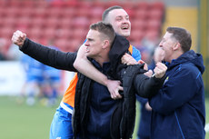 Dean Shiels celebrates as Joseph Moore scores in the dying seconds of the game to defeat Cliftonville 2-1 18/3/2023