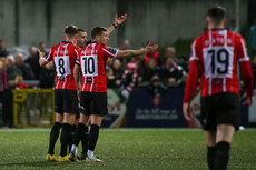 Derry players remonstrate with match referee Adriano Reale 17/3/2023