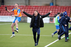 Dean Shiels celebrates as Joseph Moore scores in the dying seconds of the game to defeat Cliftonville 2-1 18/3/2023
