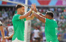 Bundee Aki celebrates with Conor Murray after scoring 9/9/2023