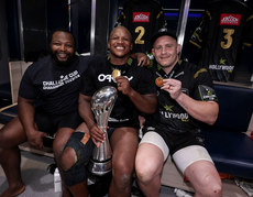 Ox Nche, Bongi Mbonambi and Vincent Koch celebrate winning with the European Rugby Challenge Cup 24/5/2024