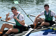 Philip Doyle and Daire Lynch celebrate winning bronze medals 10/9/2023