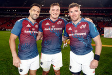 Conor Murray, Gavin Coombes and Peter O’Mahony celebrate after the game 27/4/2024