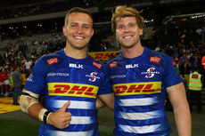 Marcel Theunissen and Evan Roos celebrate after making their 50th appearances  27/4/2024