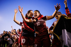 Laila Al Sheikh and Nadine Mohammad celebrate after the game 15/5/2024
