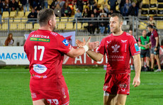 Wyn Jones  and Gareth Davies celebrate after the game 17/5/2024