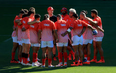 A view of the Tonga team huddle during training 15/9/2023