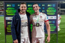 Harry Sheridan is presented with the BKT United Rugby Championship Player of the Match award by Alan O’Connor 19/4/2024