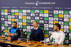 Jamison Gibson-Park, Leo Cullen and Caelan Doris during the post match press conference 4/5/2024