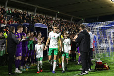 Cian Coleman leads his team out as they are given a guard of honour by the Wexford players and staff 18/10/2024