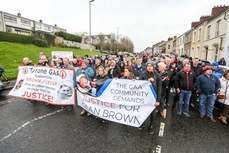 Families and supporters walk from Derry Derry Corner to Celtic Park to protest against Legacy Bill’s lack of investigation into the deaths of of Patrick Kelly and Sean Brown 4/2/2024