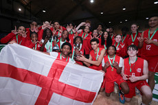 The England U16s Boys and U16s Girls celebrate with their trophies at the end of the tournament 27/3/2024