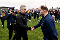 Pádraic Joyce shakes hands with Davy Burke after the game ends in a draw 4/2/2024