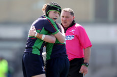 Briain Conneely celebrates scoring a try with Cian Kirrane 24/4/2024