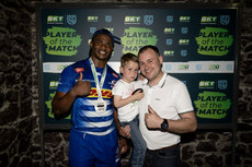 Warrick Gelant is presented with the BKT United Rugby Championship Player of the Match award by the junior presenter 10/5/2024
