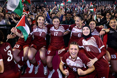 Lillian Nasrah, Jennifer Shattara, Nadine Mohammad, Lolo Naser, Dina Abdeen and Malak Salman celebrate after the game 15/5/2024