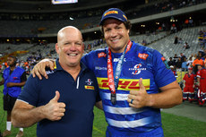 John Dobson and Neethling Fouchee celebrate after the game 27/4/2024