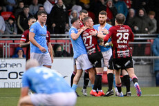 Crusaders and Ballymena’s players scuffle at the final whistle 25/10/2024