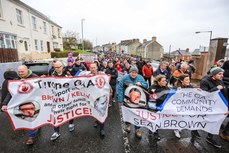 Families and supporters walk from Derry Derry Corner to Celtic Park to protest against Legacy Bill’s lack of investigation into the deaths of of Patrick Kelly and Sean Brown 4/2/2024