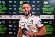 John Cooney is presented with the BKT United Rugby Championship Player of the Match medal 26/4/2024