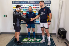 Liam Belcher and Alan O’Connor at the coin toss with Mike Adamson 19/4/2024